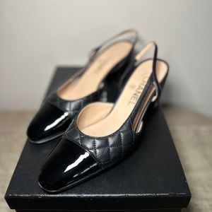 CHANEL Lambskin Patent Calfskin Quilted Cap Toe CC Slingback Pumps